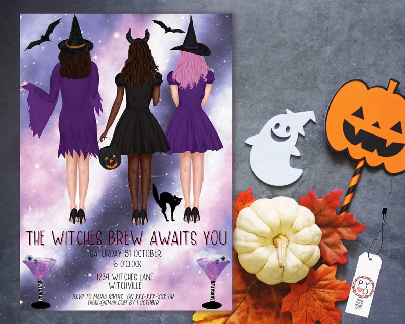 May include: Halloween-themed invitation featuring three witch figures in purple and black dresses, with a black cat and bats. The invitation text reads "The Witches Brew Awaits You" with event details. Decorative elements include a pumpkin, ghost, and fall leaves.