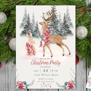May include: Christmas party invitation featuring a watercolor illustration of a deer and a rabbit wearing scarves in a snowy forest scene. The invitation text reads "Join us for a Christmas Party" with date and time details.