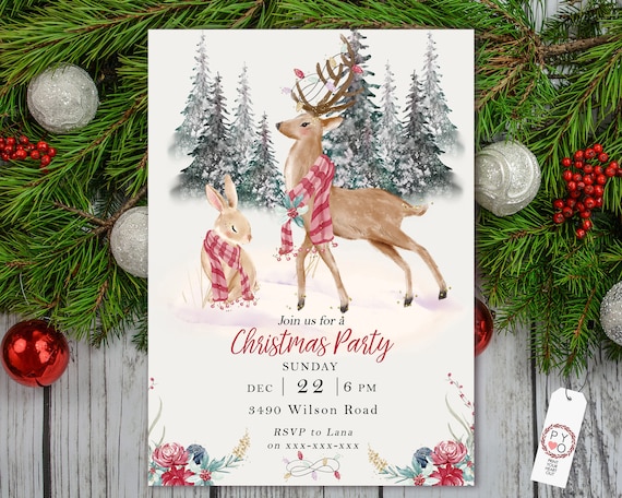 Woodland Animal Christmas Party Invitation, Red Flowers Invite, Friends Family Party Home, Reindeer Christmas Trees Invite, Winter Rabbit
