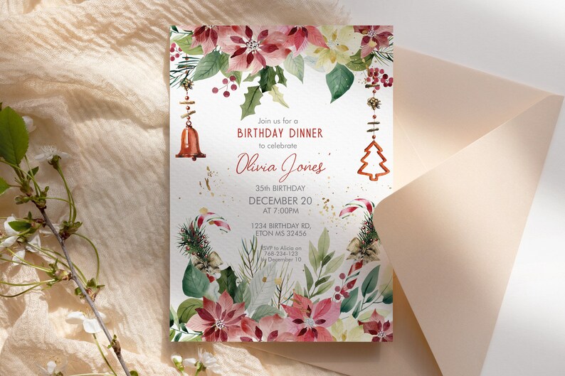 Red Poinsettia Floral Birthday Christmas Invitation (Digital Download) bild 4