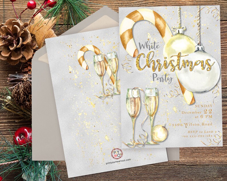 May include: A festive Christmas party invitation with a watercolour design. The invitation features champagne glasses, candy canes, and baubles. The text reads "White Christmas Party" with the date and time. The invitation is on a grey background with gold accents.
