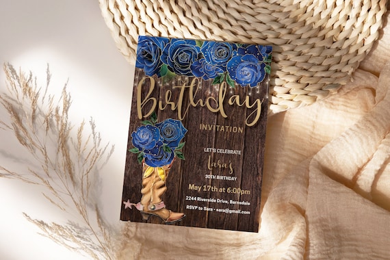 Country Birthday Royal Blue Roses Cowgirl Boot Invitation Printable Template,  Floral Editable Barn Party Invite for Women, Printable Card