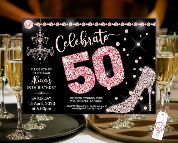 Pink Diamond 50 Birthday Invitation Printable Template, Sparkle Horizontal Birthday Party Invitation Women, Printable pink high heels Invite