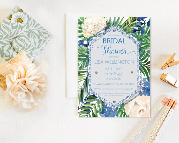 Blue Floral Bridal Shower Invitation, Ivory Cream Shower Invitation, Printable Bridal Shower, Editable Template, Watercolor Leaves Flowers