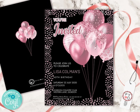 Pink Glitter Birthday Balloons Invitation Printable Template, Glitter Editable Birthday Party Invitation for Women, Printable Pink Invite