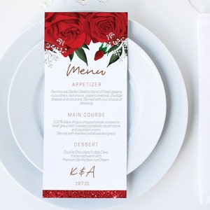 Red Roses Wedding Menu, DIY Editable Menu, Menu Cards, Printable Menu, Floral Wedding Menu, Party Menu, Menu Download, Flowers Menu