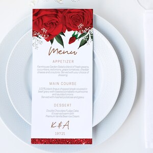 Rote Rosen Hochzeitsmenü, DIY bearbeitbares Menü, Menükarten, druckbares Menü, Blumenhochzeitsmenü, Partymenü, Menü-Download, Blumenmenü