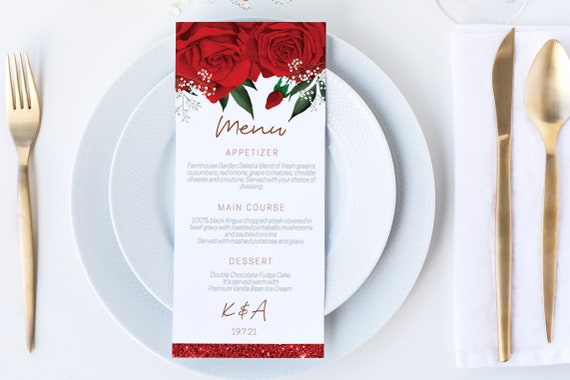 Red Roses Wedding Menu, DIY Editable Menu, Menu Cards, Printable Menu, Floral Wedding Menu, Party Menu, Menu Download, Flowers Menu