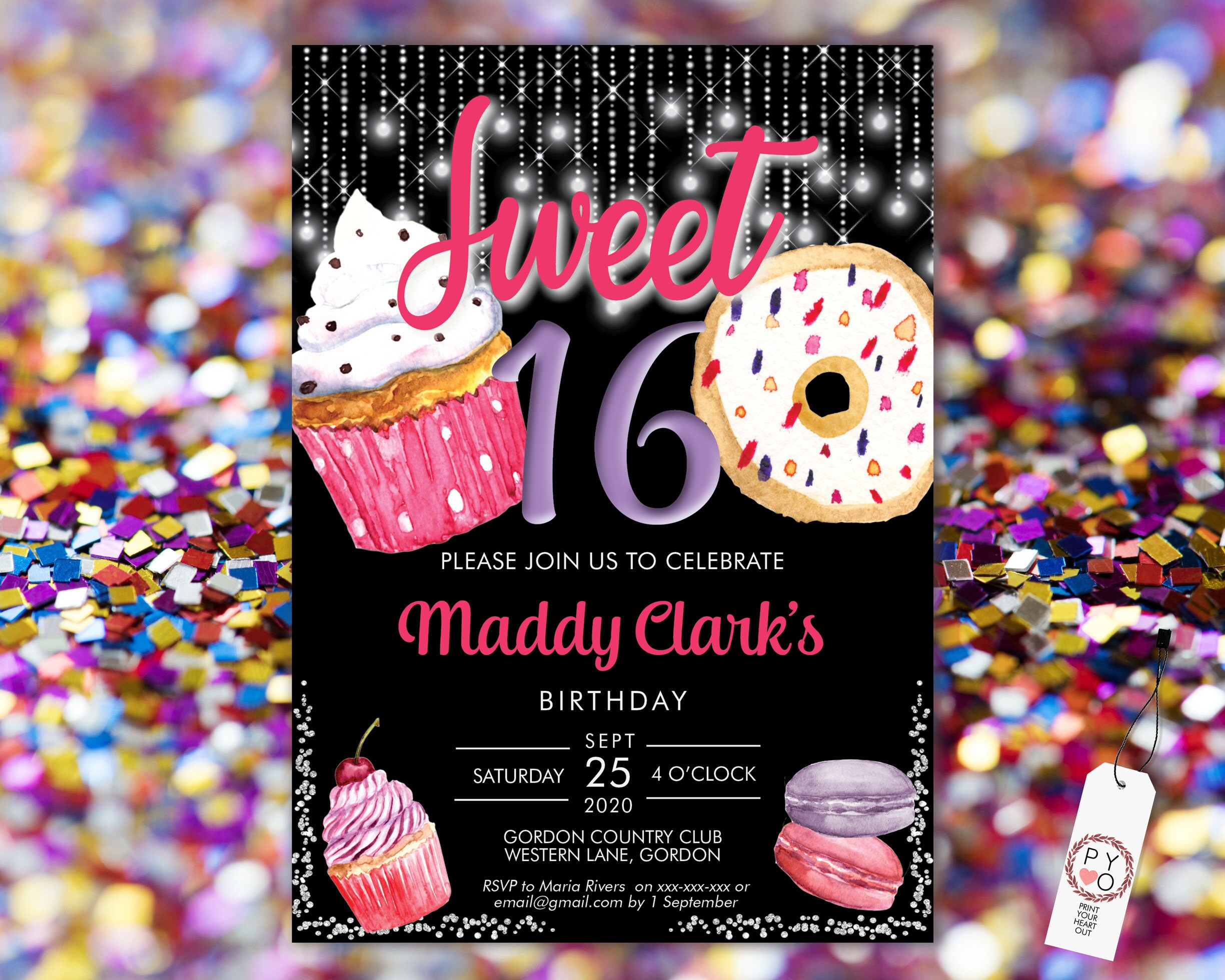 Sweet 16 Tea Party Invitation Printable Template Black Purple Etsy 