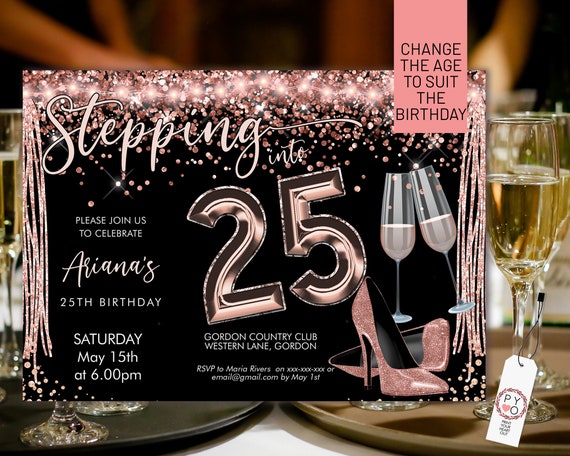 Any Age Stepping into Birthday Invitation Printable Template, Horizontal RoseGold Heels Blush Champagne Party Women, Gold lights Invite