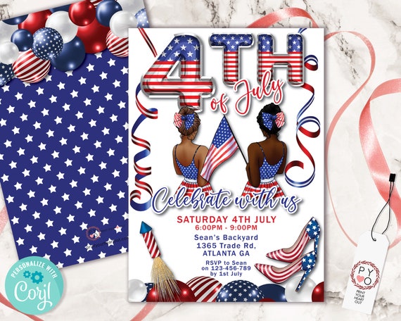 4th of July Celebrate Girls Invitation Printable Template, Red White Blue Editable Grill BBQ Rocket Party Invite, Independence Day Picnic