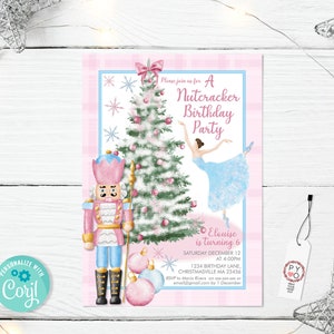 May include: A Nutcracker Birthday Party invitation with a pink and blue plaid design. The invitation features a watercolour illustration of a nutcracker, a ballerina, and a Christmas tree. Text includes party details.