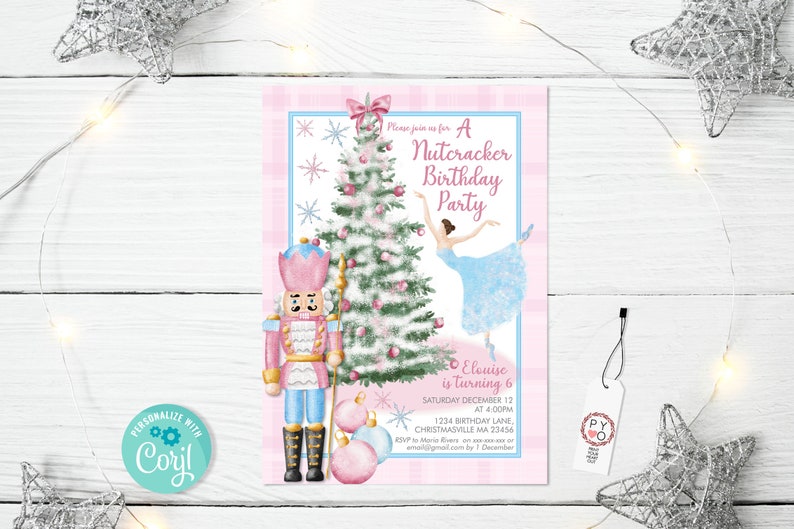 May include: A Nutcracker Birthday Party invitation with a pink and blue plaid design. The invitation features a watercolour illustration of a nutcracker, a ballerina, and a Christmas tree. Text includes party details.