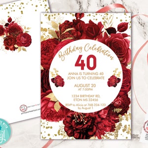 Red Roses Flowers Invitation Printable Template, White Gold Confetti Editable Birthday Party Invitation for Women, Bright Red Floral Invite