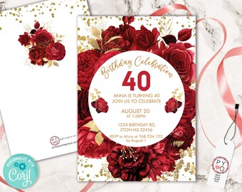 Red Roses Birthday Invitation Template: Gold Confetti (Digital Download)