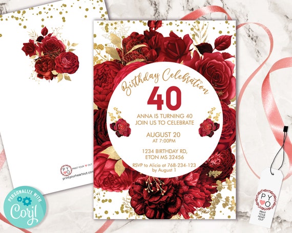 Red Roses Flowers Invitation Printable Template, White Gold Confetti Editable Birthday Party Invitation for Women, Bright Red Floral Invite