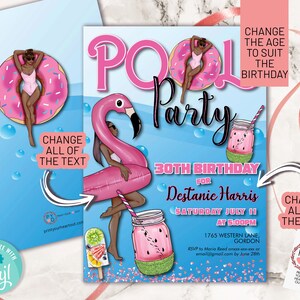 May include: A pool party invitation template featuring a pink flamingo float, a donut float, and a watermelon-themed mason jar. The text reads POOL Party, 30th BIRTHDAY FOR Destanie Harris, SATURDAY JULY 11 AT 5:00PM, 1765 WESTERN LANE, GORDON, and RSVP details.
