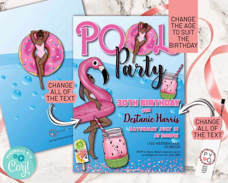 May include: A pool party invitation template featuring a pink flamingo float, a donut float, and a watermelon-themed mason jar. The text reads POOL Party, 30th BIRTHDAY FOR Destanie Harris, SATURDAY JULY 11 AT 5:00PM, 1765 WESTERN LANE, GORDON, and RSVP details.