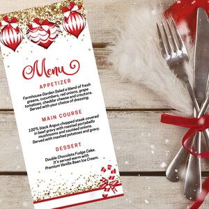 May include: A vertical menu card featuring red and white Christmas ornaments, gold glitter accents, and a candy cane graphic. The text reads Menu, Appetizer, Main Course, and Dessert with detailed food descriptions listed below each section.