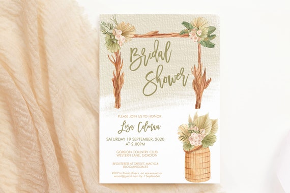 Boho Arch Garden Bridal Shower Invitation, Modern Plant Baskets Shower Invitation, Printable Bridal Shower, Tropical Editable Template