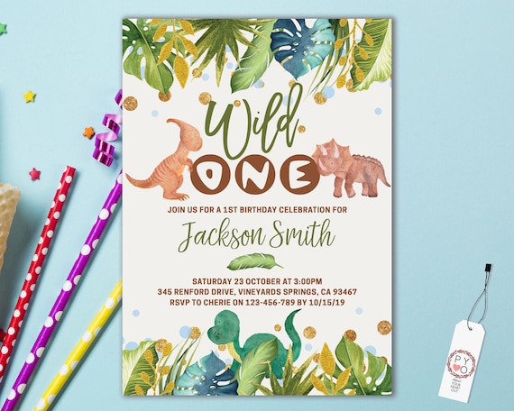 Wild One 1st Birthday Dinosaur Invitation Printable Template, One Editable Birthday Invitation for Boys, Jungle Tropical Leaf First Birthday