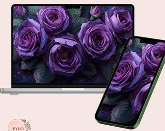 Botanical Oil Painting Digital Pack | Purple Roses Wallpaper, iPad iPhone TV Frame Backgrounds, Icons & Folder Icons, Aesthetic Desktop Kit