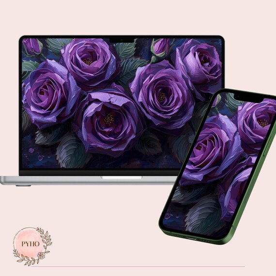 Botanical Oil Painting Digital Pack | Purple Roses Wallpaper, iPad iPhone TV Frame Backgrounds, Icons & Folder Icons, Aesthetic Desktop Kit