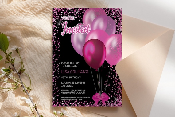 Hot Pink Magenta Birthday Balloons Invitation Printable Template, Celebration Editable Drinks Cocktails Party Card, Printable Pink Invite