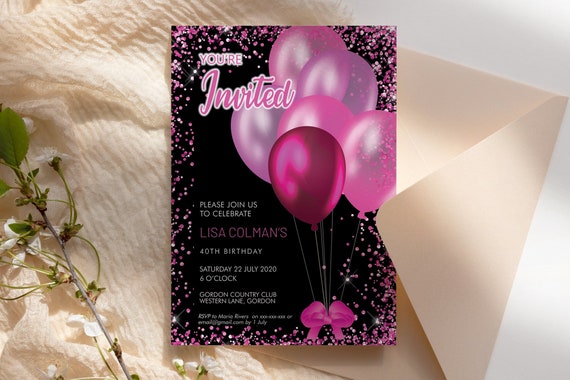 Hot Pink Magenta Birthday Balloons Invitation Printable Template, Celebration Editable Drinks Cocktails Party Card, Printable Pink Invite