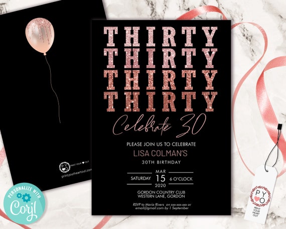 30th Birthday Glitter Invitation Printable Template, Rose Gold Glitter Editable Birthday Party Invitation for Women, Printable Invitation