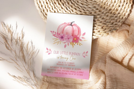 Fall Pink Pumpkin Birthday Invitation for girls, First Birthday Invite Girl, Autumn Invitation, Floral Fall Pink DIY Printable Template