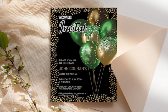 Green Gold Birthday Balloons Invitation Printable Template, Black Gold Glitter Editable Birthday Party Invitation Unisex, Printable Card