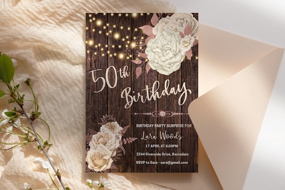 50th Cream Floral Wood Birthday Invitation Printable Template, Rustic Editable Birthday Party Invitation for Women, Printable Fifty Party