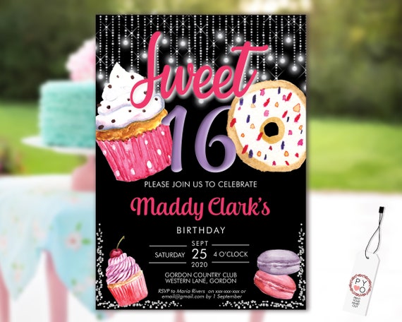 Sweet 16 Tea Party Invitation Printable Template, Black Purple Editable Invitation, 16th Birthday, Cupcake Invite, 16 Donut Dessert Invite