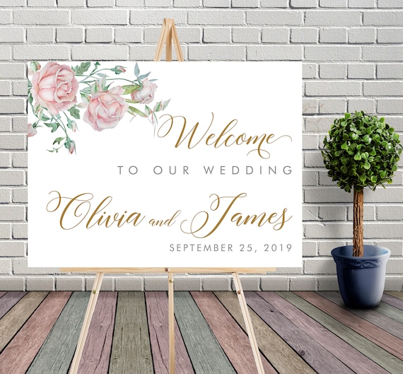 Blush Pink Floral Wedding Sign • Gold Cream Roses • Watercolor Flower Printable Welcome Sign • Geometric Wedding Welcome Sign • Editable