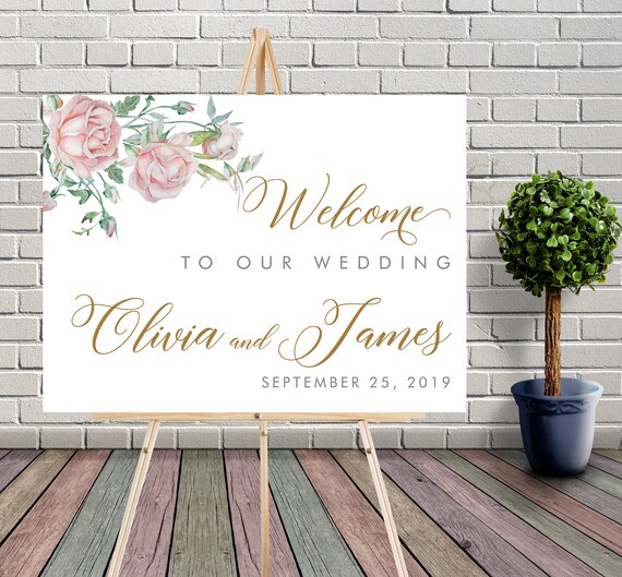 Blush Pink Floral Wedding Sign • Gold Cream Roses • Watercolor Flower Printable Welcome Sign • Geometric Wedding Welcome Sign • Editable