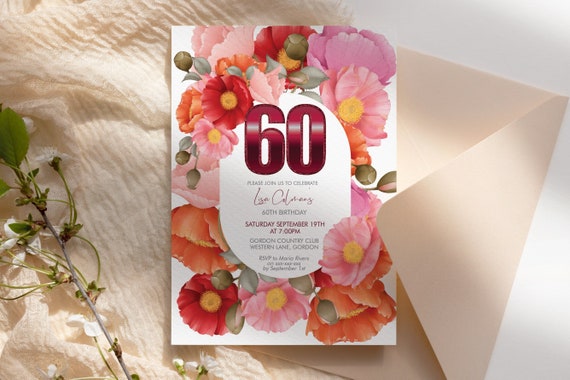 Any Age Number Poppies Red Pink Orange Floral Invitation Printable Template, Poppy Editable Birthday Party Invite Women, Printable Card