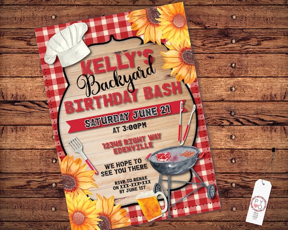 BBQ Backyard Birthday Bash Sunflowers Invitation Printable Template, Red Checked Grill Out Editable Party Invite, Printable Card, Chalk Text