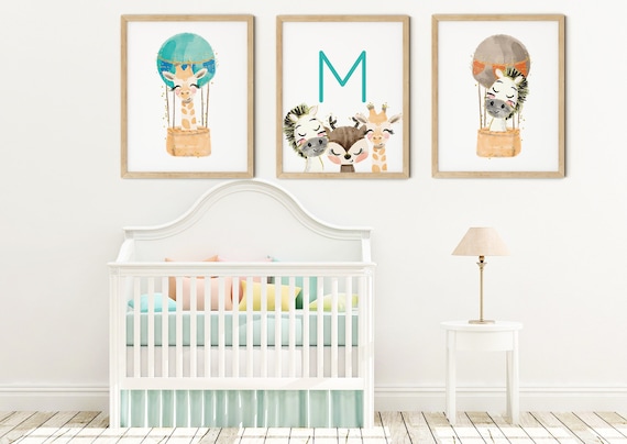 Baby Jungle Animals Art Print Set | Printable Nursery Art | Kids Room Name Sign | Zebra Giraffe Wall Art | Boy Nursery Decor | Set 3 Prints