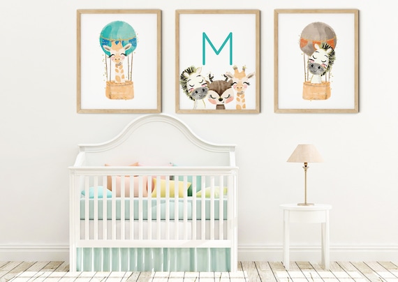Baby Jungle Animals Art Print Set | Printable Nursery Art | Kids Room Name Sign | Zebra Giraffe Wall Art | Boy Nursery Decor | Set 3 Prints