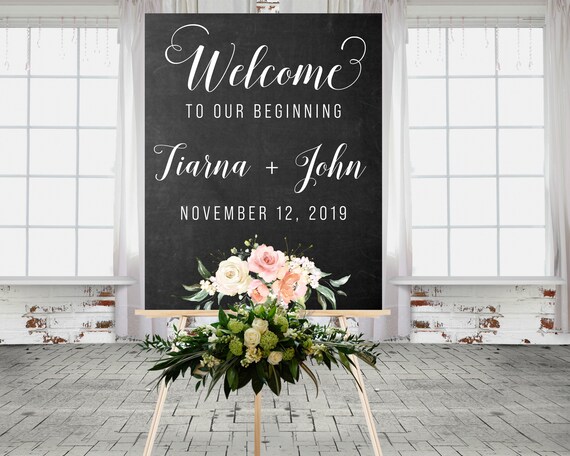 Chalkboard Floral Wedding Sign • Pink Flowers Welcome Sign • Watercolor Flowers  • Black White Wedding Sign, Pastel Wedding • Printable Sign