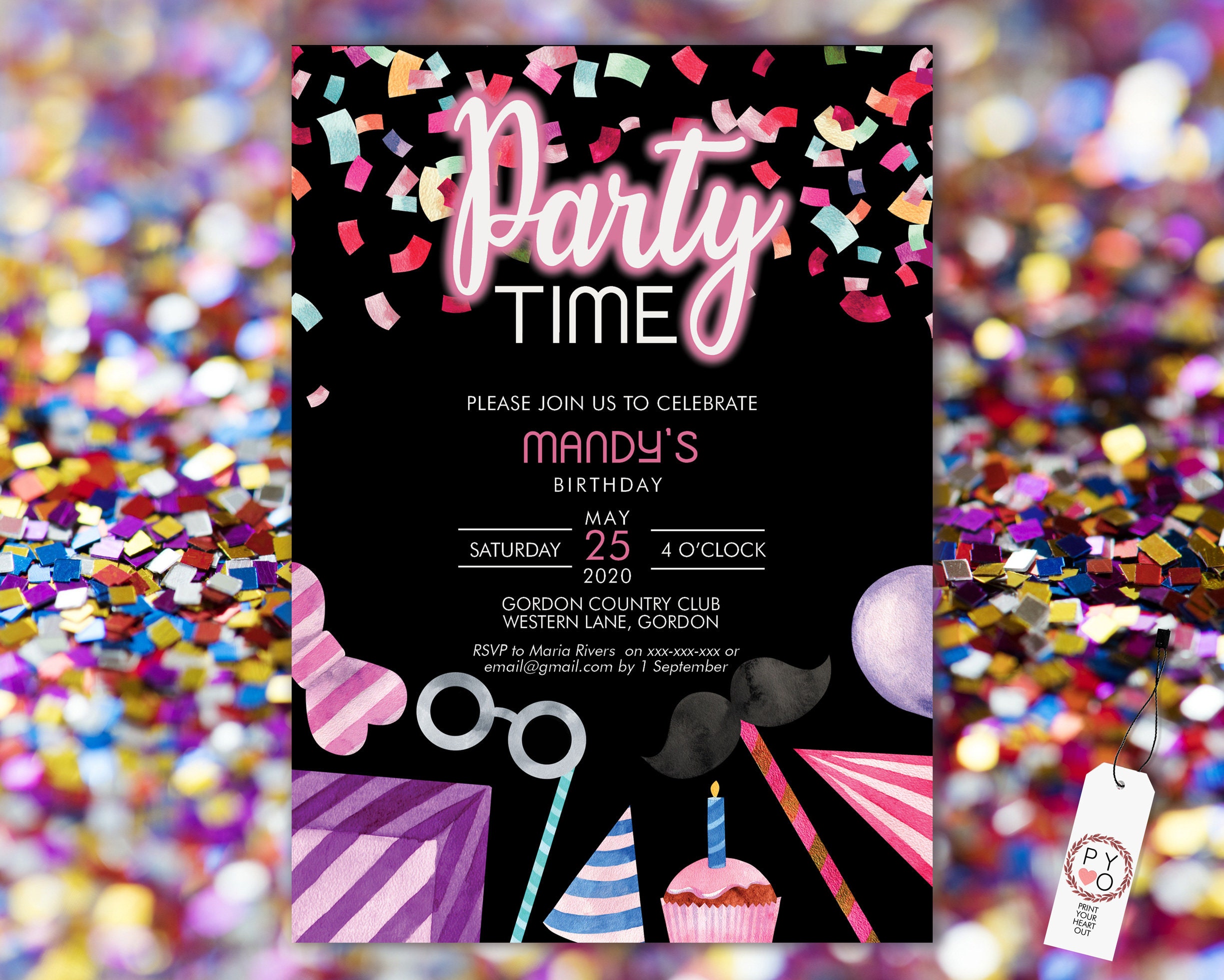 Modèle Black Pink Birthday Invitation