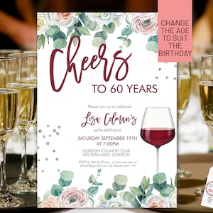 Modelo de convite floral para impressão "Cheer To Red Wine", convite de aniversário editável com rosas de eucalipto para mulheres, cartão para impressão, bebidas, flores