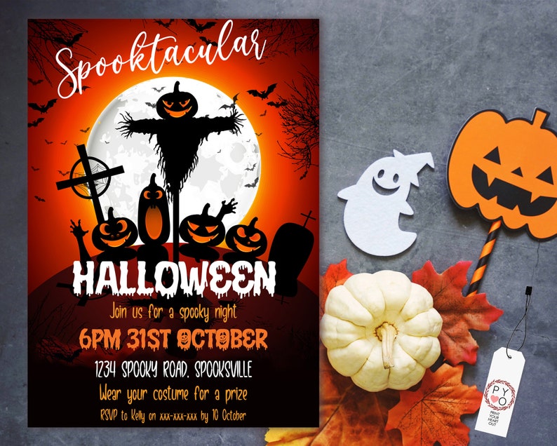 May include: A Halloween-themed invitation with a spooky design. The invitation features a full moon, bats, and jack-o'-lanterns. Text on the invitation reads "Spooktacular Halloween" and includes event details. A white ghost and pumpkin decoration are also visible.