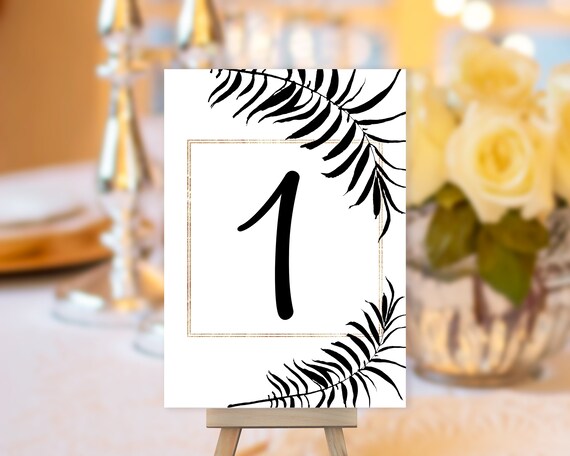 Black Gold Leaves Table Number, Tropical Wedding Table Number, Table Sign, Art Deco Table Number, Palm Leaves Table Card, Black & White Card