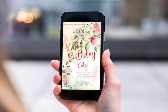 Pink Floral Electronic Birthday, Smartphone SMS Digital Editable template, EcoFriendly, Electronic Gold Pink Flowers Birthday Greeting