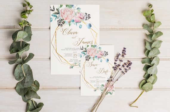 Floral Gold Geometric Wedding Invitation Set • Pink Rose Cream • Watercolor Flower Invite Save the Date Thank You Card • Garden Blush Series