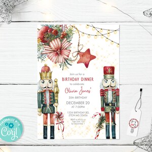 Op de afbeelding: Een feestelijke uitnodiging voor een verjaardagsdiner met aquarel illustraties van notenkrakers, zuurstokken en kerstversieringen. De uitnodiging bevat de tekst "Join us for a Birthday Dinner to celebrate Olivia Jones' 35th Birthday December 20".