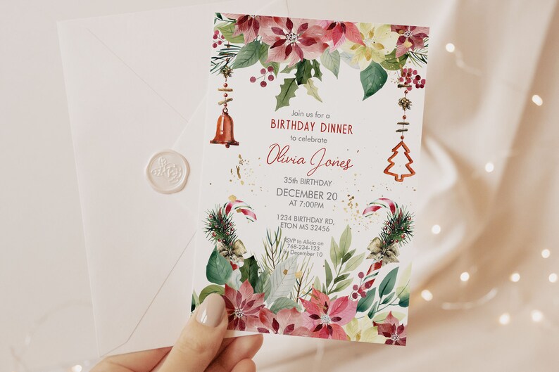 Red Poinsettia Floral Birthday Christmas Invitation (Digital Download) bild 5