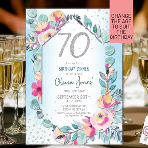 Floral Birthday Invitation Template: Aqua, Silver, Pink Glitter (Printable)